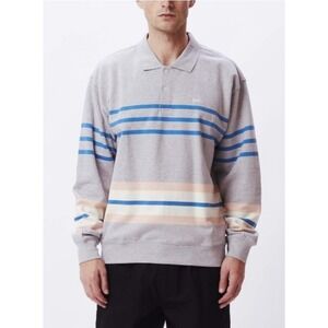 OBEY Isso Striped Long Sleeve Polo Sweatshirt Heather Gray Organic Cotton M‎